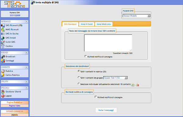 La finestra per l'invio multiplo di SMS